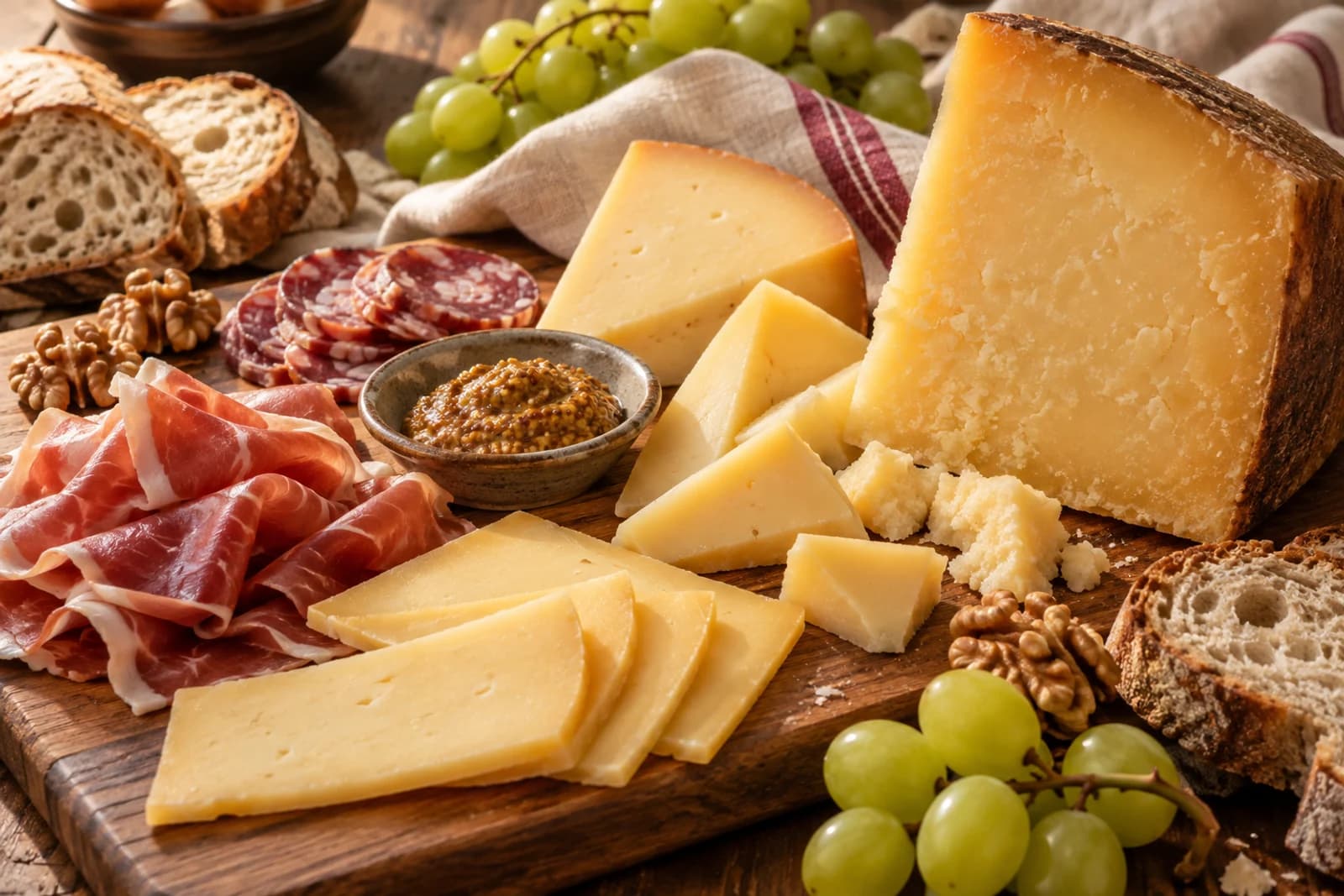 Gouda, charcuterie and bread ready for sharing