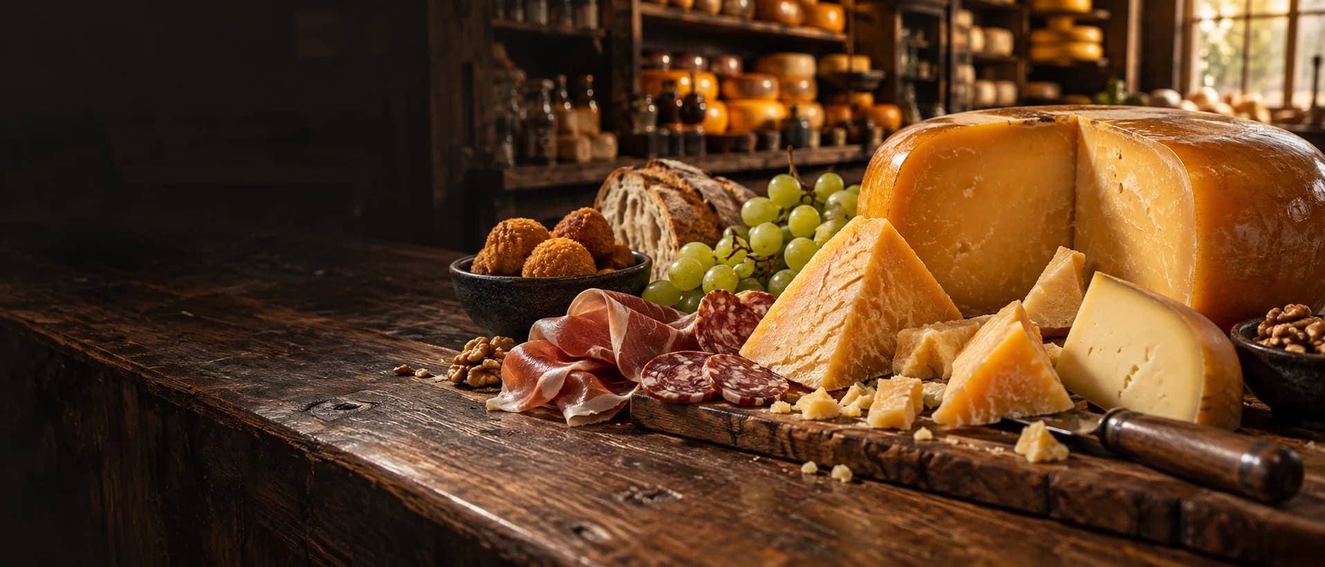 Golden Gouda, cured meats, croquettes and bread on a Dutch delicatessen counter